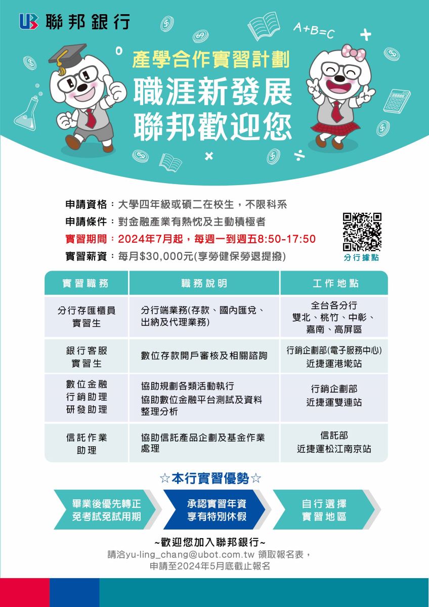聯邦銀行擴大開放實習機會(新增總行職缺) – 財務金融學系